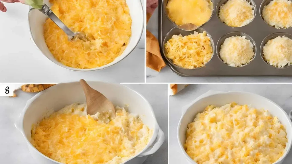 A step-by-step visual guide for making pineapple casserole, showing the mixing of crushed pineapple, adding cheddar cheese, preparing the Ritz cracker topping, and the final baked dish with a golden crust.