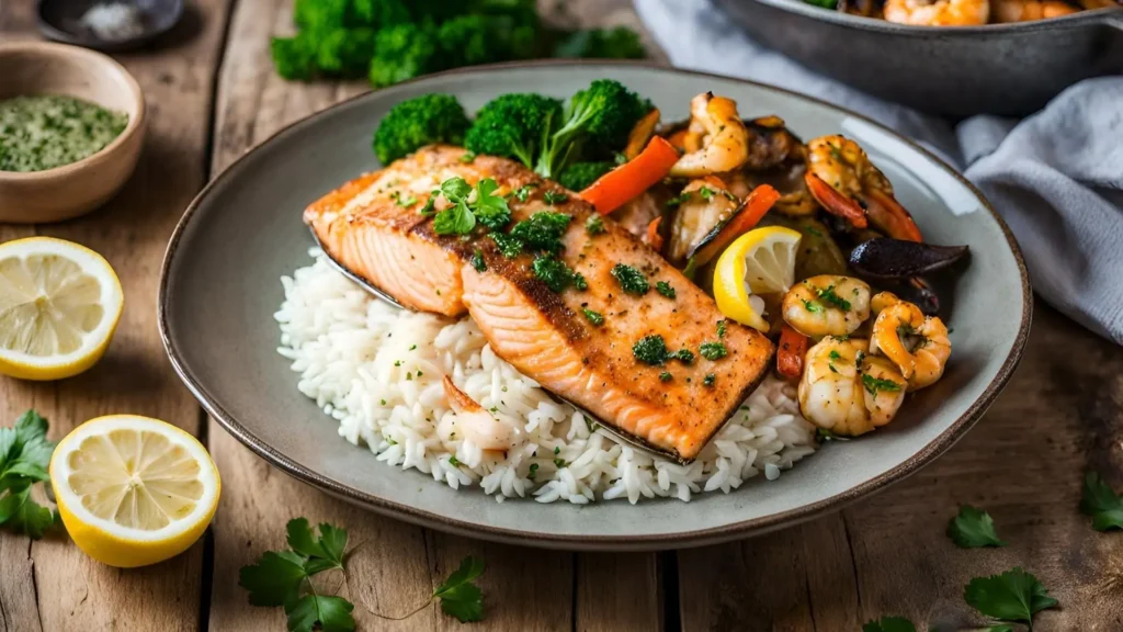 A plate of Cajun salmon and shrimp garnished with parsley and lemon wedges, served with garlic butter rice and roasted vegetables, placed on a rustic wooden table.