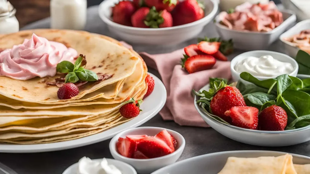 A table with both sweet and savory crepes, featuring Nutella and strawberries on one side, and ham, cheese, and spinach on the other.