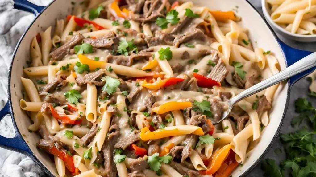 Philly Cheesesteak Pasta in a skillet with steak, bell peppers, onions, and creamy cheese sauce.