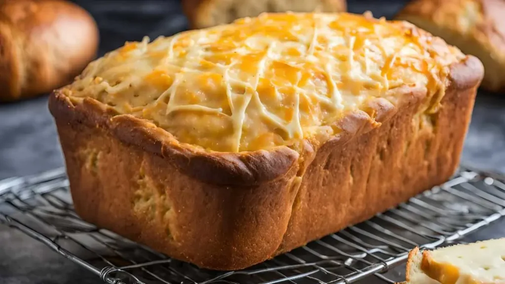 A loaf of cheddar cheese bread cooling on a wire rack, with a golden crust and gooey melted cheese visible inside.