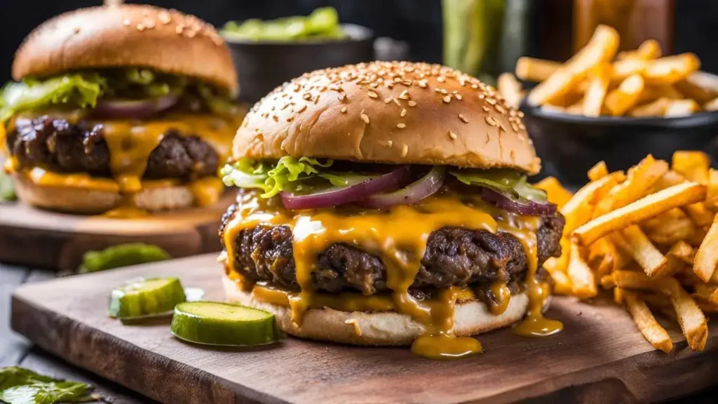 Delicious Secret Sauce Smash Patty burger with crispy edges, melted cheese, lettuce, caramelized onions, pickles, and fries.