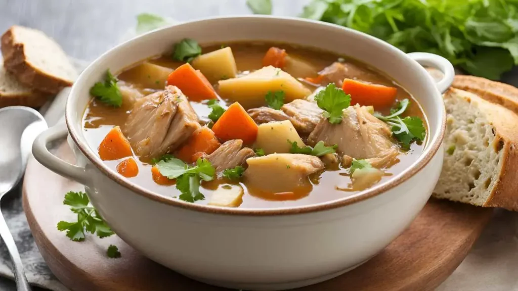 Bowl of hearty chicken stew served with crusty bread and a fresh green salad.