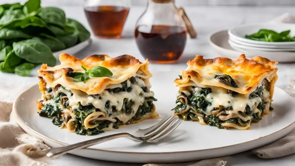 Slice of cheesy spinach and mushroom lasagna with layers of pasta, ricotta, spinach, mushrooms, and melted cheese, served in a rustic baking dish.