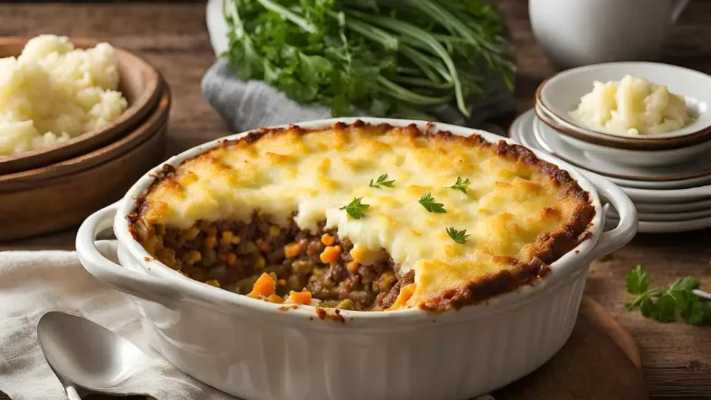 A golden, crispy shepherd’s pie with a creamy mashed potato topping and a savory meat-and-vegetable filling, served on a rustic table.