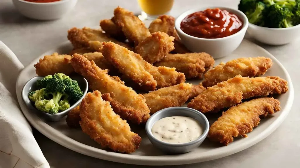 Crispy Parmesan Chicken Tenders on a large platter, surrounded by small bowls of marinara, ranch, and honey mustard sauces. Side dishes like garlic mashed potatoes and steamed broccoli are visible in the background, arranged on a rustic wooden table.