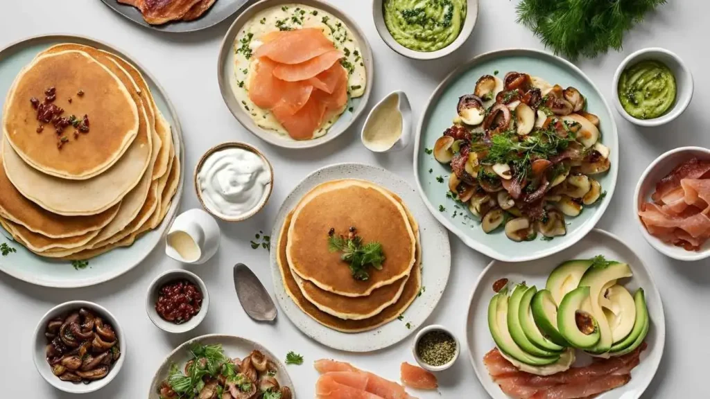 A variety of savory pancake toppings, including sautéed mushrooms, crispy bacon, smoked salmon, avocado, shredded cheese, sour cream, and fresh herbs, surrounding a stack of pancakes.