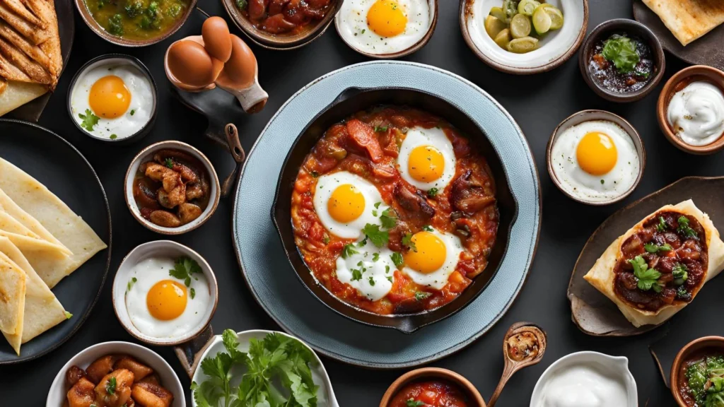 A spread of global breakfast dishes such as the Full English Breakfast, Shakshuka, tamales, and other traditional morning meals, served on a rustic table.
