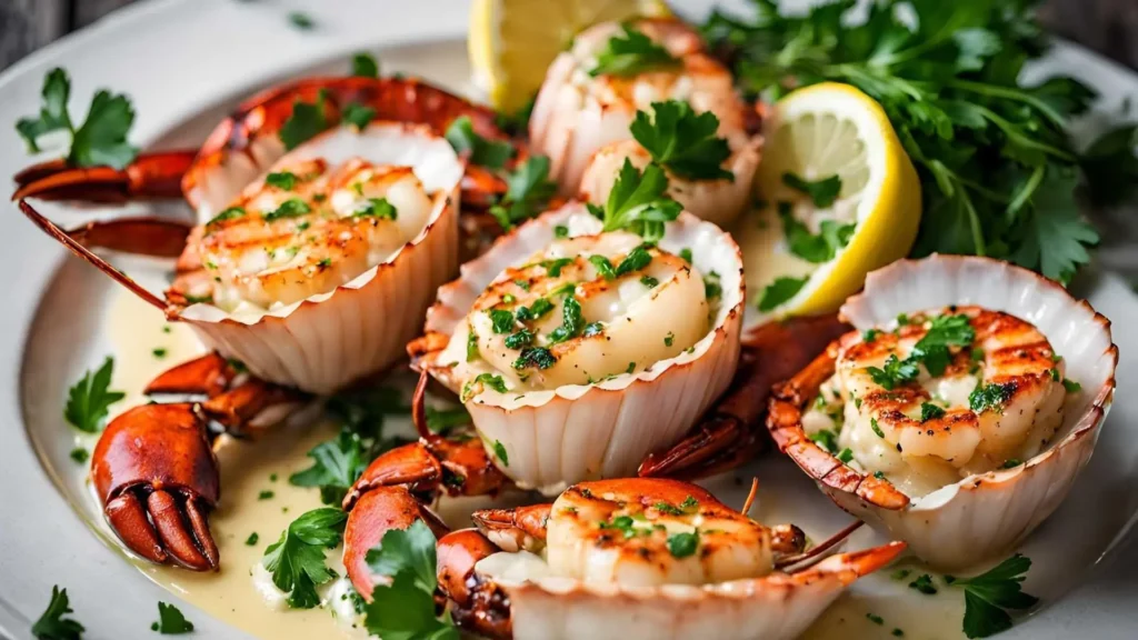 Grilled garlic butter lobster and scallops with lemon and parsley, showcasing a smoky char and citrusy finish