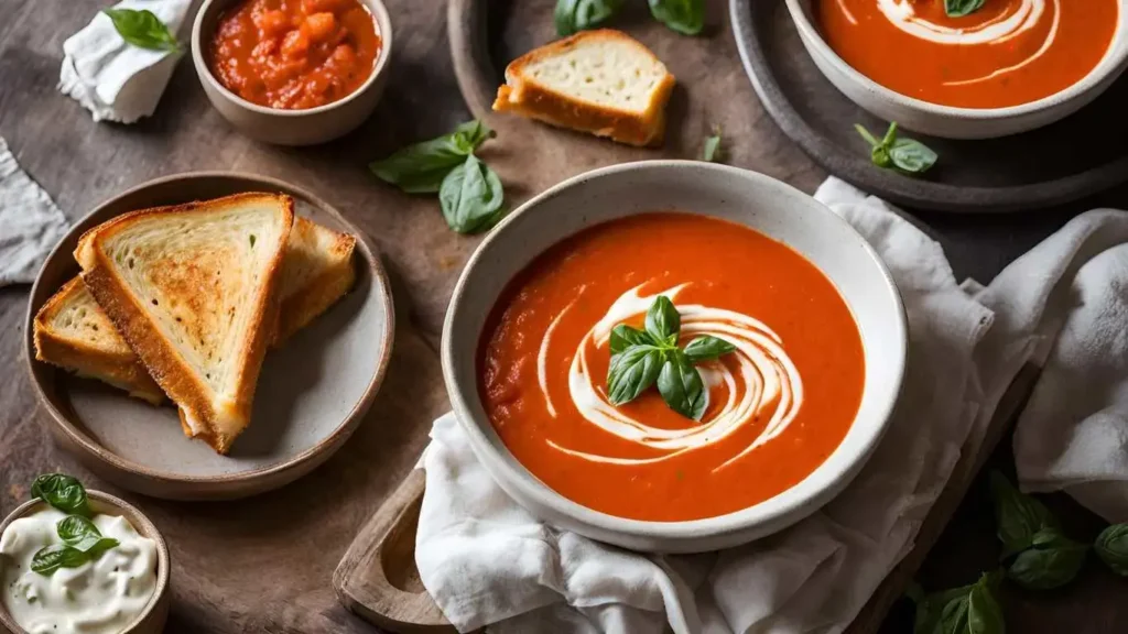 A bowl of creamy tomato soup with a swirl of cream, paired with a golden, crispy grilled cheese sandwich oozing melted cheese, served on a rustic table.