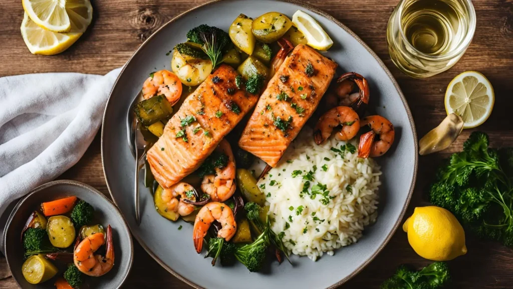 Cajun salmon and shrimp garnished with parsley and lemon wedges, served with garlic butter rice, roasted vegetables, and a glass of white wine on a rustic wooden table.