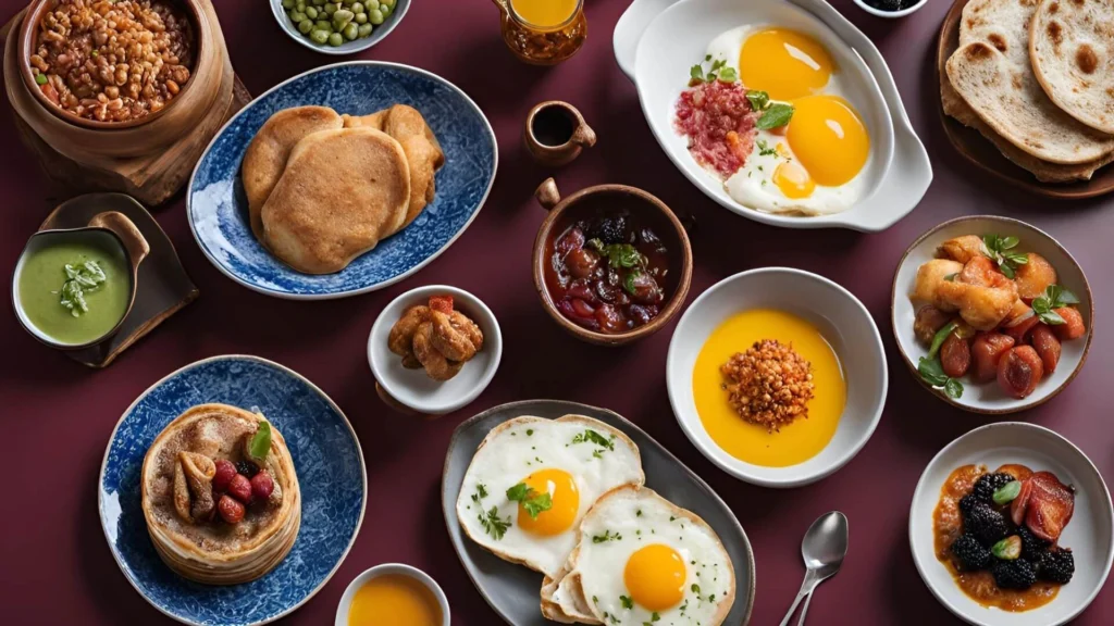 A beautifully arranged table with traditional breakfast dishes from around the world, including the Full English Breakfast, Shakshuka, and Tamales.