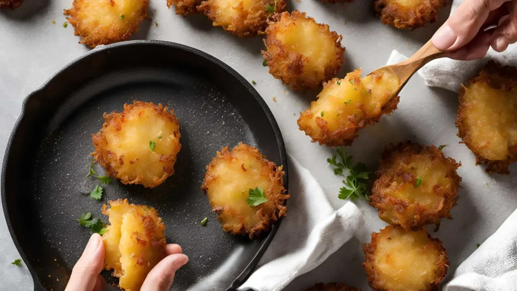 Key tips for crispy potato fritters: choosing Russet potatoes, draining excess moisture, and frying to golden perfection.