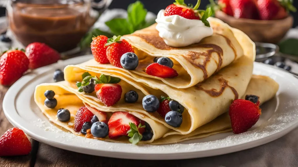 A stack of classic crepes with sweet fillings like Nutella, strawberries, whipped cream, and powdered sugar, alongside savory crepes with ham, cheese, spinach, and herbs.