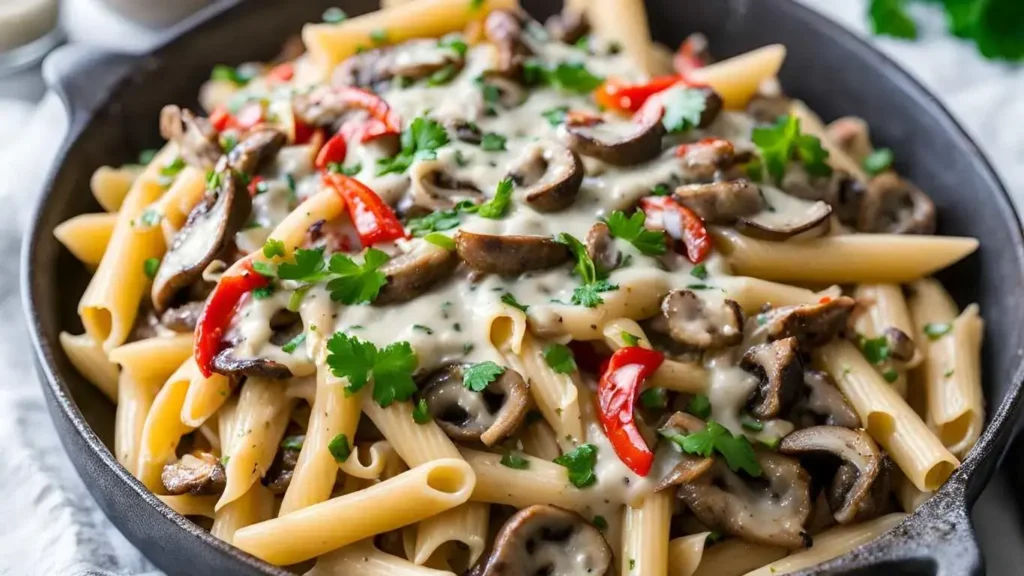 Philly Cheesesteak Pasta variations with mushrooms, hot peppers, and whole wheat pasta.