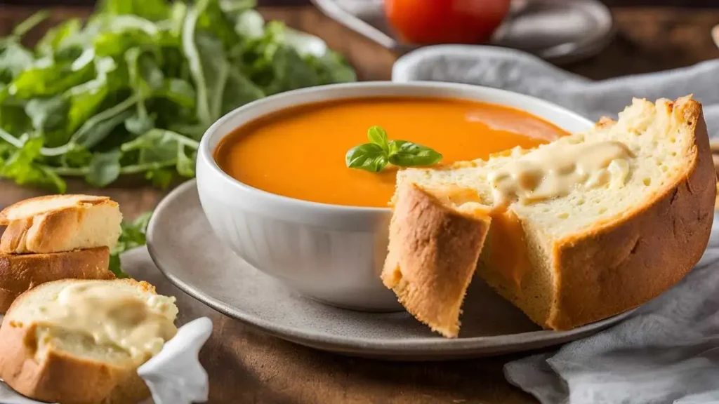 Toasted cheddar cheese bread with butter, paired with tomato bisque soup and a fresh green salad