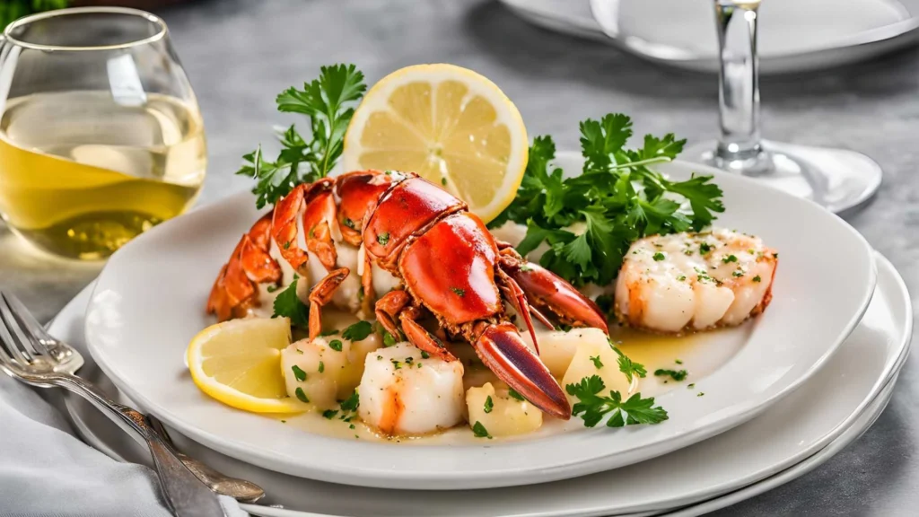 Elegant garlic butter lobster and scallops with parsley and lemon wedges, accompanied by a glass of white wine.