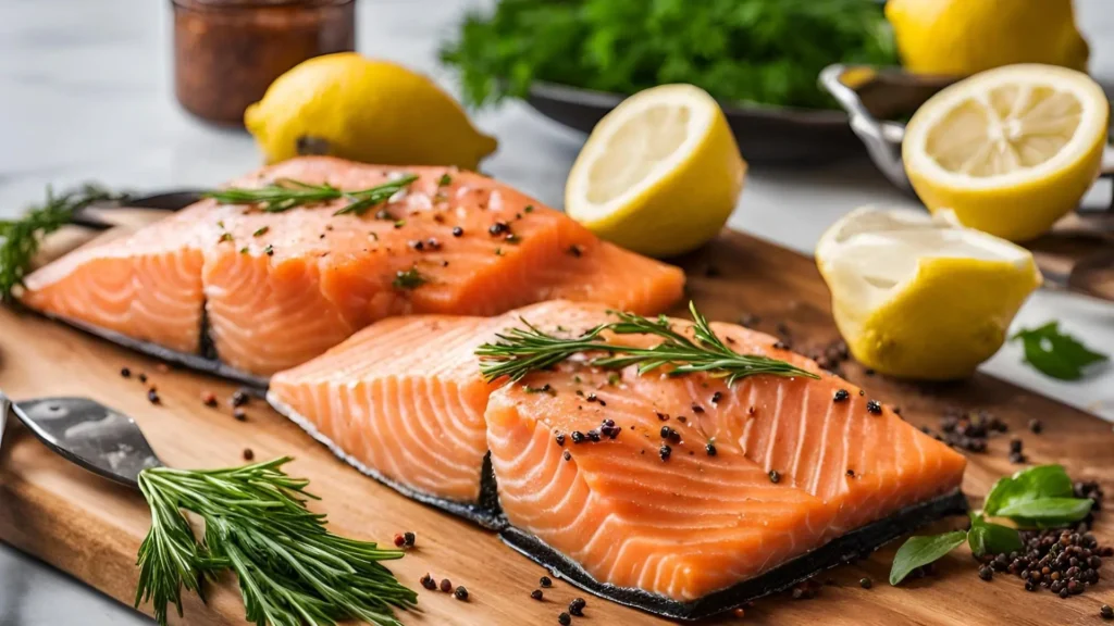 Fresh salmon fillets and shrimp on a wooden cutting board with Cajun seasoning, lemon slices, and parsley, ready for cooking.