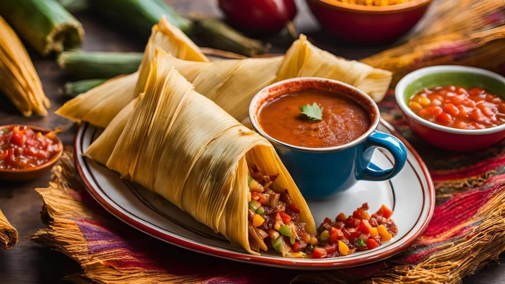 A plate of tamales with colorful fillings, wrapped in corn husks, served alongside a warm cup of atole, representing a traditional Mexican breakfast.