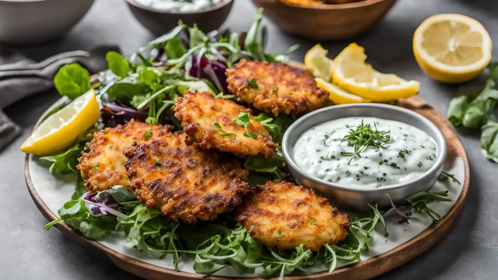 Serving suggestions for crispy potato fritters: garnished with fresh herbs, grated cheese, a side of mixed green salad, roasted vegetables, and herb yogurt dip.