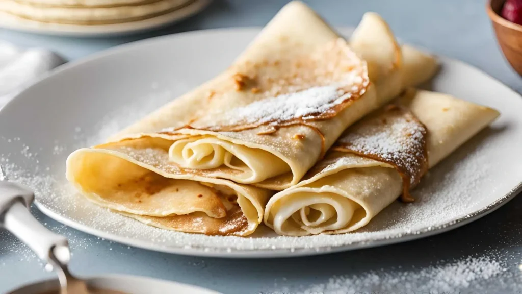 Image of a stack of classic crepes with fresh berries, and a small non-stick pan next to them with a spatula, showcasing the process of making perfect crepes.