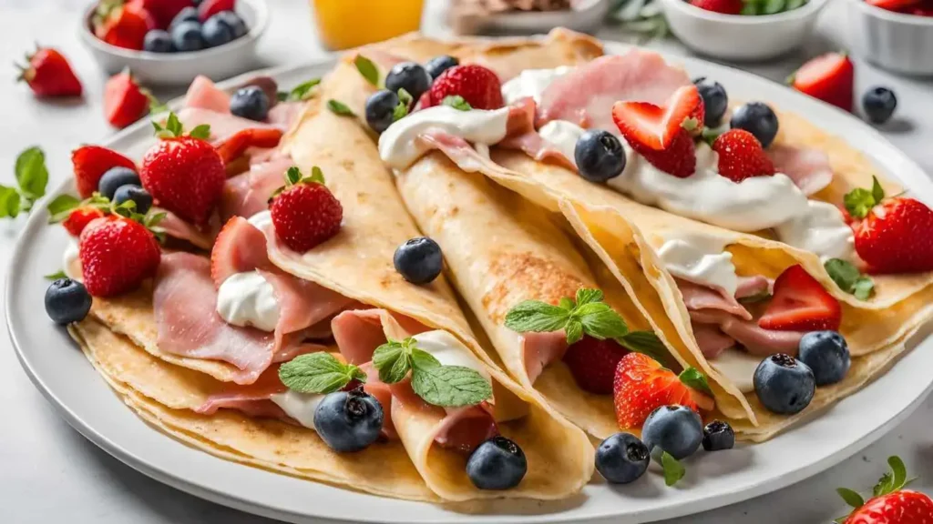 A variety of sweet and savory crepes topped with Nutella, strawberries, ham, cheese, and fresh herbs, showcasing the versatility of crepe toppings.