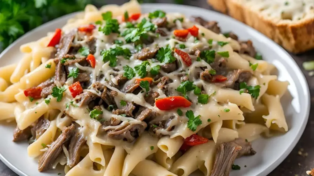 Plated Philly Cheesesteak Pasta garnished with parsley, red pepper flakes, and parmesan, with roasted vegetables and garlic bread on the side.