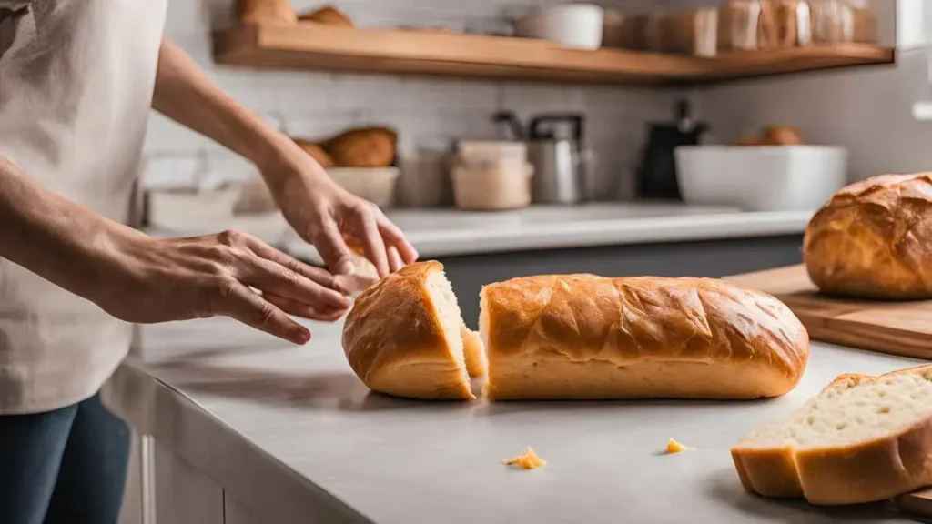 Wrapped cheddar cheese bread ready for storage on the counter.