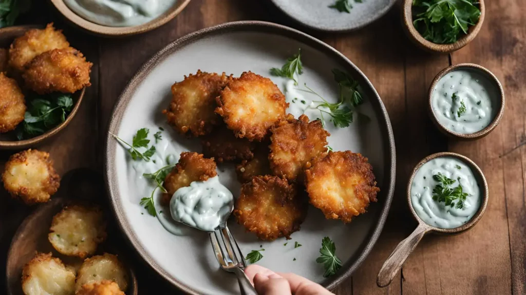 Golden crispy potato fritters served with herb yogurt dip, inviting you to try this flavorful homemade snack.