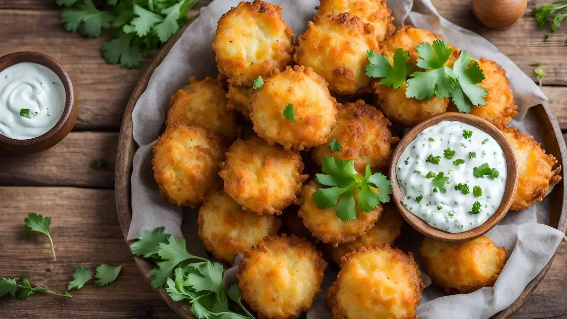 Golden and crispy cheesy potato puffs on a tray, served with a herb yogurt dip and garnished with parsley.