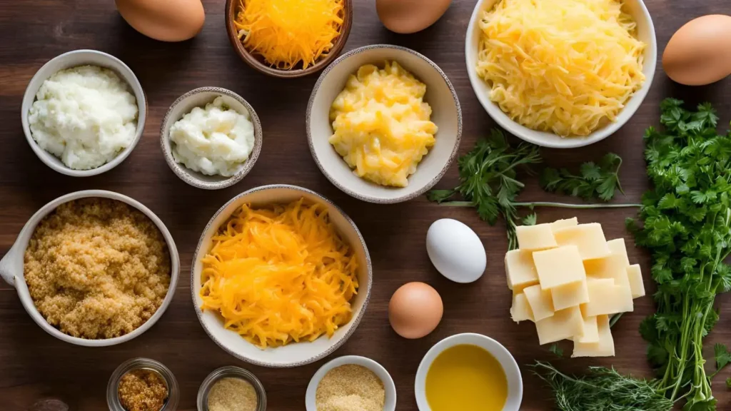 Key ingredients for cheesy potato puffs: mashed potatoes, cheddar cheese, eggs, breadcrumbs, and herbs on a wooden countertop.