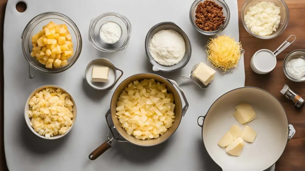 Tools for making cheesy potato puffs: a mixing bowl with whisk, measuring cups, baking tray with parchment paper, and a piping bag filled with mixture.