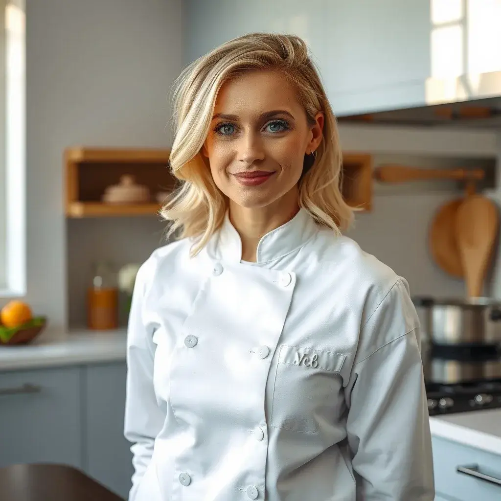 Smiling chef in a white uniform standing in a modern kitchen.