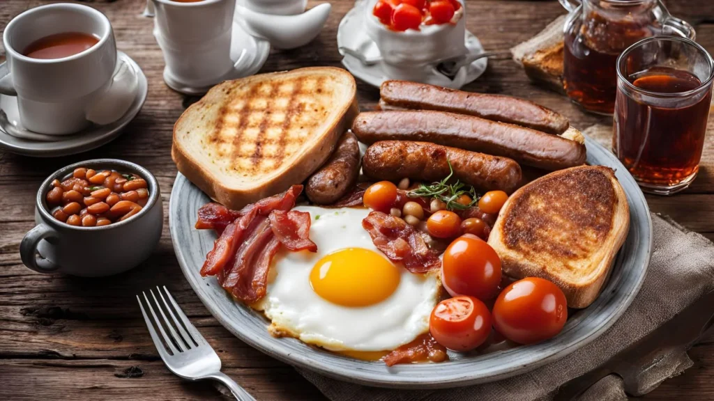 A classic Full English Breakfast featuring eggs, bacon, sausage, baked beans, grilled tomatoes, and toast, served with a cup of tea.