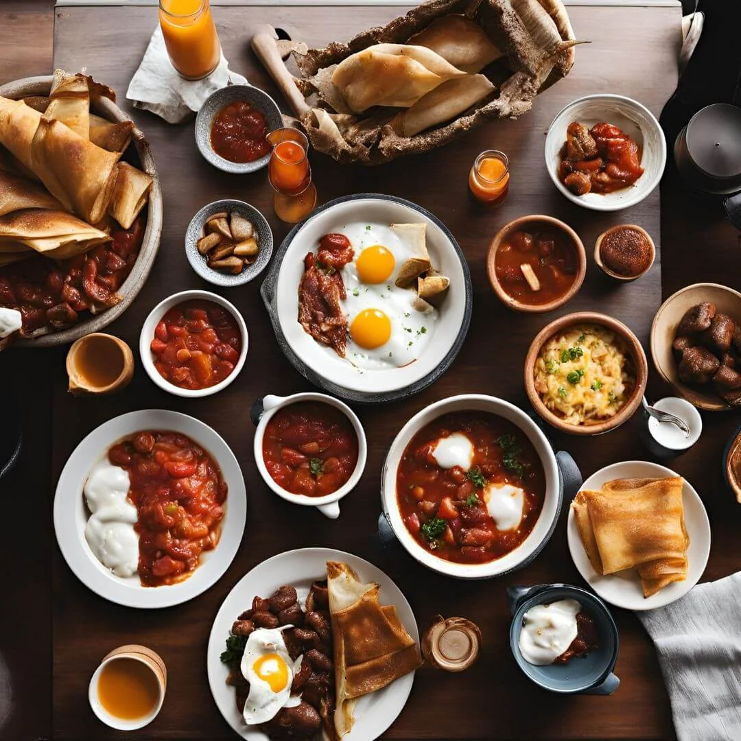 A cozy table featuring traditional breakfast dishes from around the world, including a Full English Breakfast, Shakshuka, and Tamales, with natural light illuminating the spread