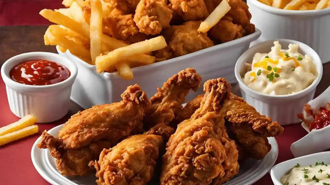 A delicious spread of Crown Fried Chicken dishes, including crispy fried chicken, golden fries, creamy mashed potatoes, and coleslaw, showcasing the variety and flavor of their menu.