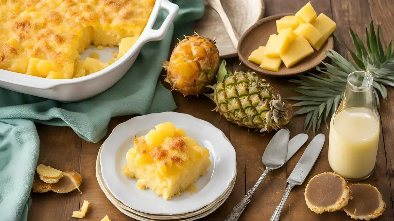 Golden pineapple casserole with melted cheese and a buttery cracker topping, garnished with fresh pineapple slices and shredded cheese, served on a rustic wooden table.