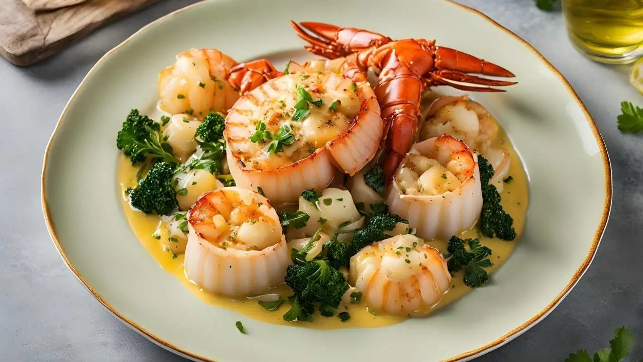 A plate of garlic butter seafood featuring golden seared scallops and succulent lobster tails drizzled with a rich garlic butter sauce, garnished with fresh parsley and lemon wedges.