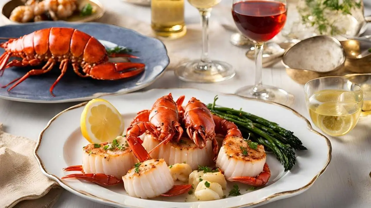 Plate of Garlic Butter Lobster and Scallops with butterflied lobster tails, seared scallops, and a rich garlic butter sauce, garnished with chopped parsley and a lemon wedge.