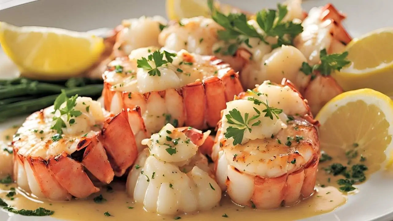 A gourmet plate of garlic butter lobster and scallops, featuring golden lobster tails, perfectly seared scallops, and a rich garlic butter sauce, garnished with fresh parsley and lemon wedges.