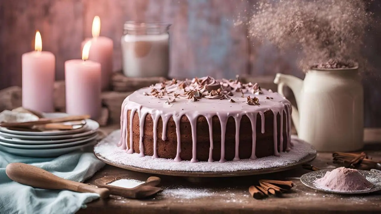 A slice of rich, chocolate Matilda Cake with velvety frosting, surrounded by baking tools like a whisk, measuring cups, and cocoa powder on a rustic wooden table.