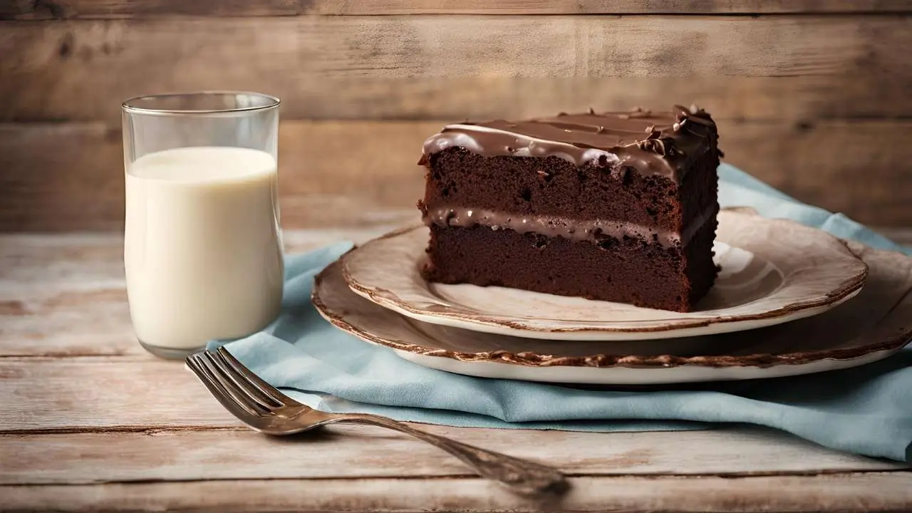 A slice of moist chocolate Matilda Cake on a vintage plate, served with a glass of milk, on a rustic wooden table with a checkered tablecloth. A copy of Matilda by Roald Dahl and a movie ticket sit nearby, evoking nostalgia and warmth.