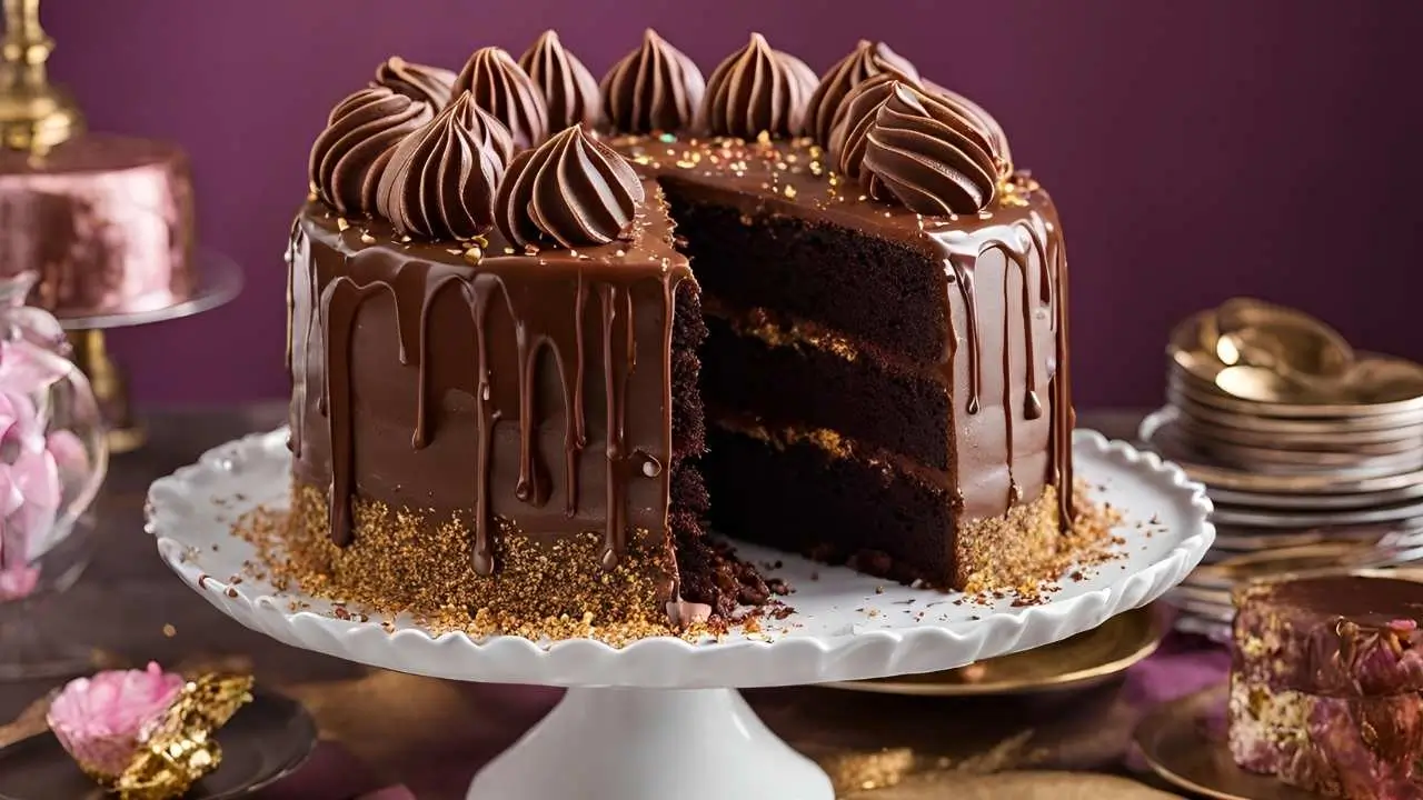 A slice of rich chocolate cake with glossy frosting and chocolate shavings, inspired by the iconic Matilda movie, placed on a rustic wooden table with a vintage book and a small movie reel in the background.