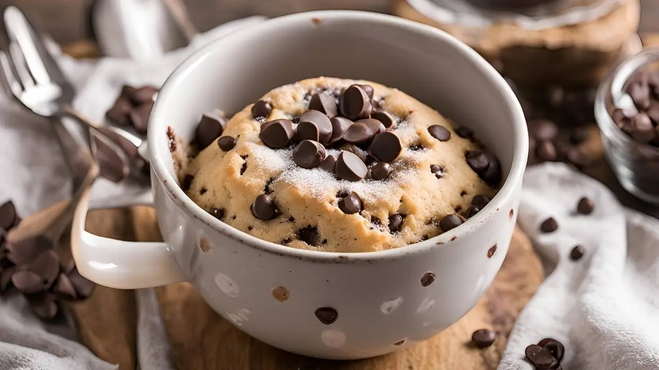 A steaming mug filled with a fluffy chocolate chip mug cake, topped with melty chocolate chips and a dusting of powdered sugar, sitting on a rustic wooden table with a cozy kitchen background.