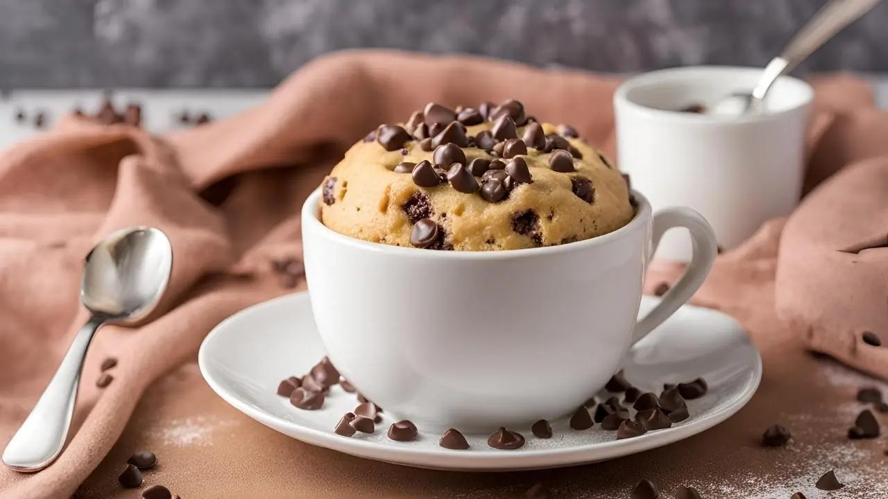 A warm, gooey chocolate chip mug cake in a white ceramic mug, topped with melted chocolate chips and a spoon dipping into it. The mug sits on a rustic kitchen counter with soft lighting, creating a cozy and inviting atmosphere.