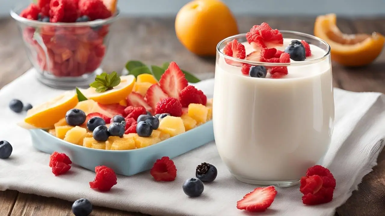 A glass of creamy Carnation Instant Breakfast with fresh bananas and strawberries on a sunny breakfast table, showcasing a quick and nutritious way to start the day.