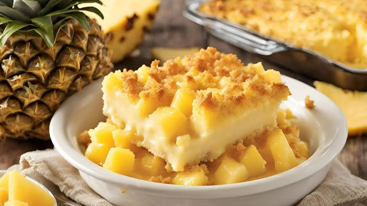 Golden pineapple casserole with bubbling cheese and a buttery cracker topping, fresh out of the oven, ready to serve.