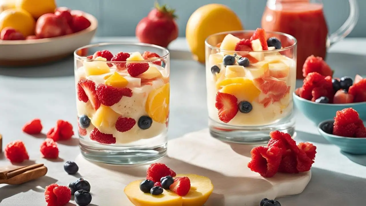 A glass of Carnation Instant Breakfast, topped with fresh banana slices and strawberries, placed on a sunny kitchen counter with a spoon beside it.