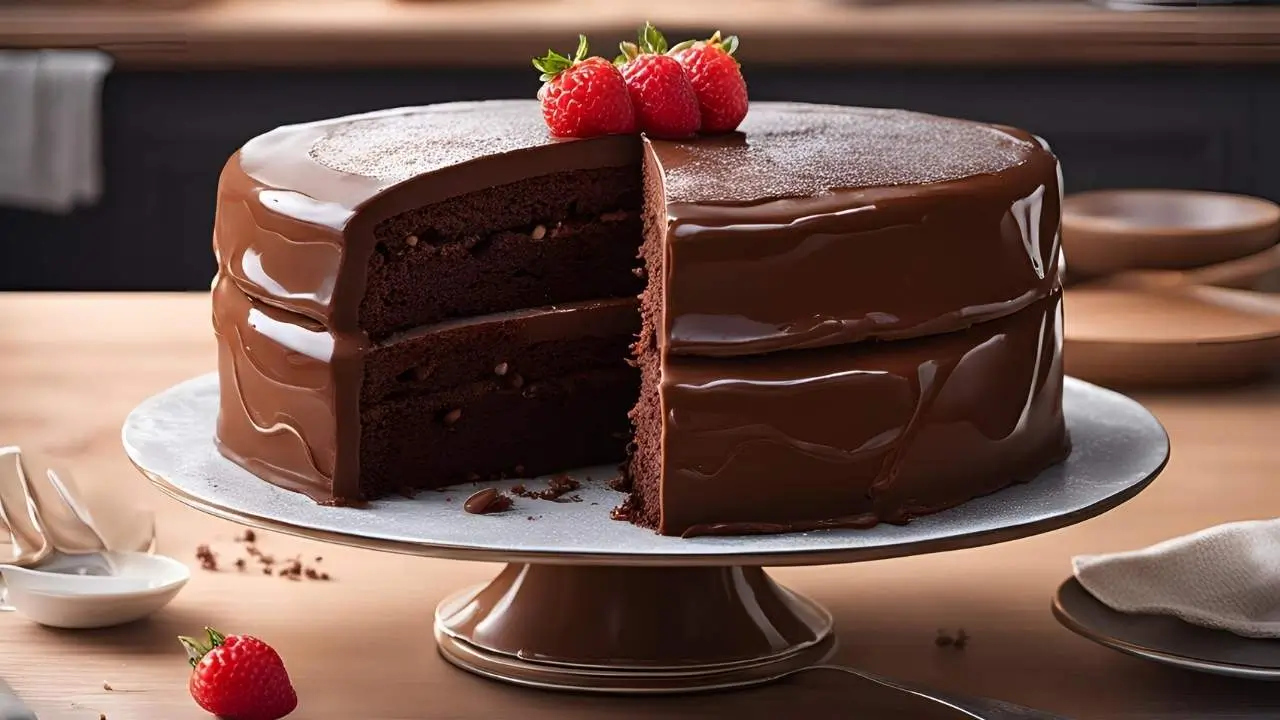 A slice of Portillo's Chocolate Cake with rich, glossy frosting and a moist interior, served on a cake stand in a cozy kitchen setting.