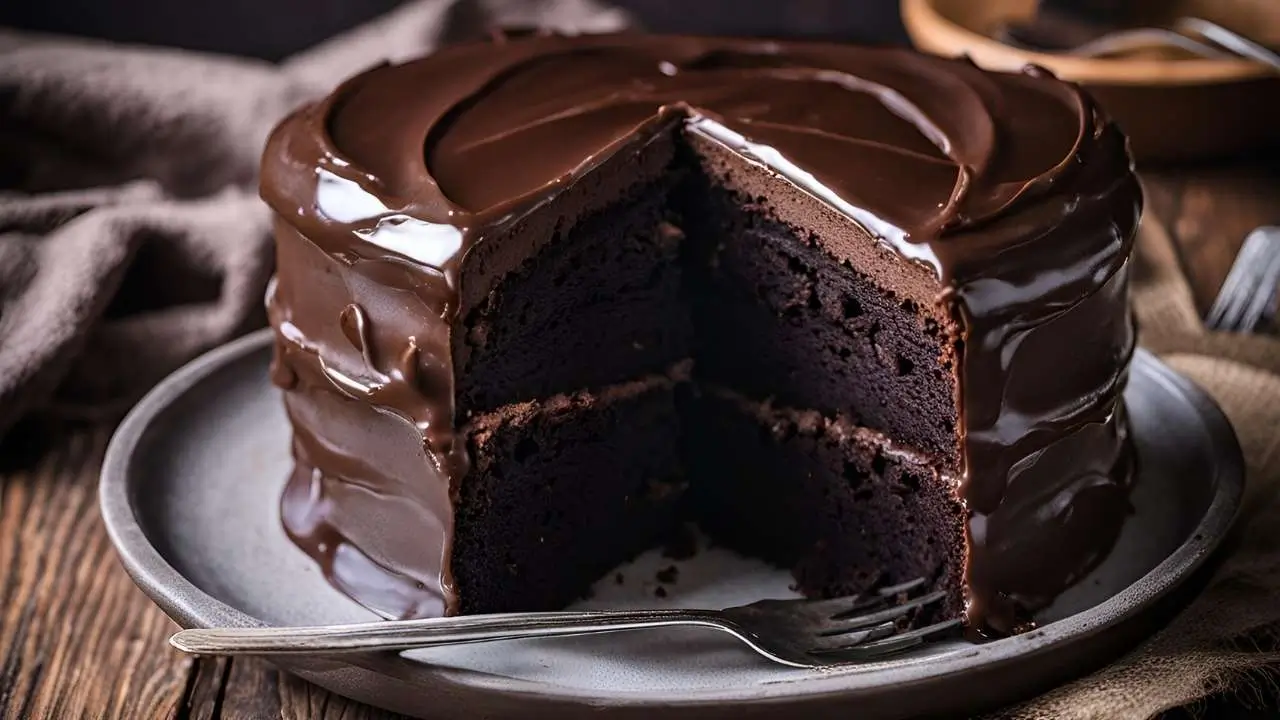 Portillo’s Chocolate Cake with rich frosting and a slice cut out showing the moist interior, served on a wooden table.